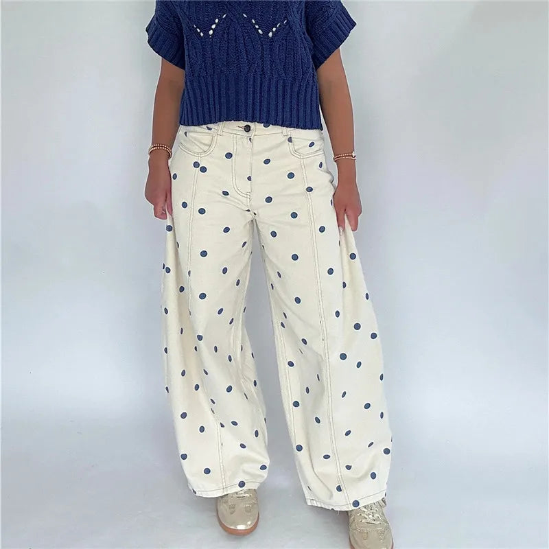 Polka Dot Jeans Women Y2K Print High Waisted Wide Leg Denim Pants Vintage Stretchy Boyfriend Jeans 90s 00s Streetwear
