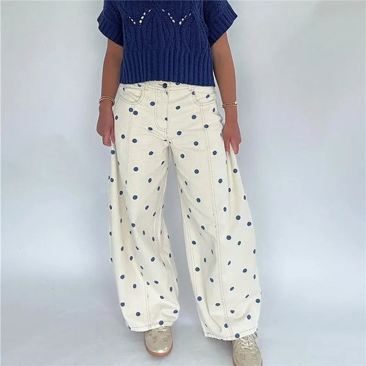 Polka Dot Jeans Women Y2K Print High Waisted Wide Leg Denim Pants Vintage Stretchy Boyfriend Jeans 90s 00s Streetwear
