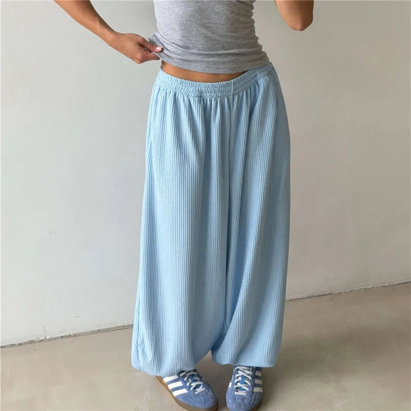Women Waffle Knit Harem Pants Elastic High Waist Loose Baggy Tapered Joggers Solid Casual Loungewear Streetwear Trousers
