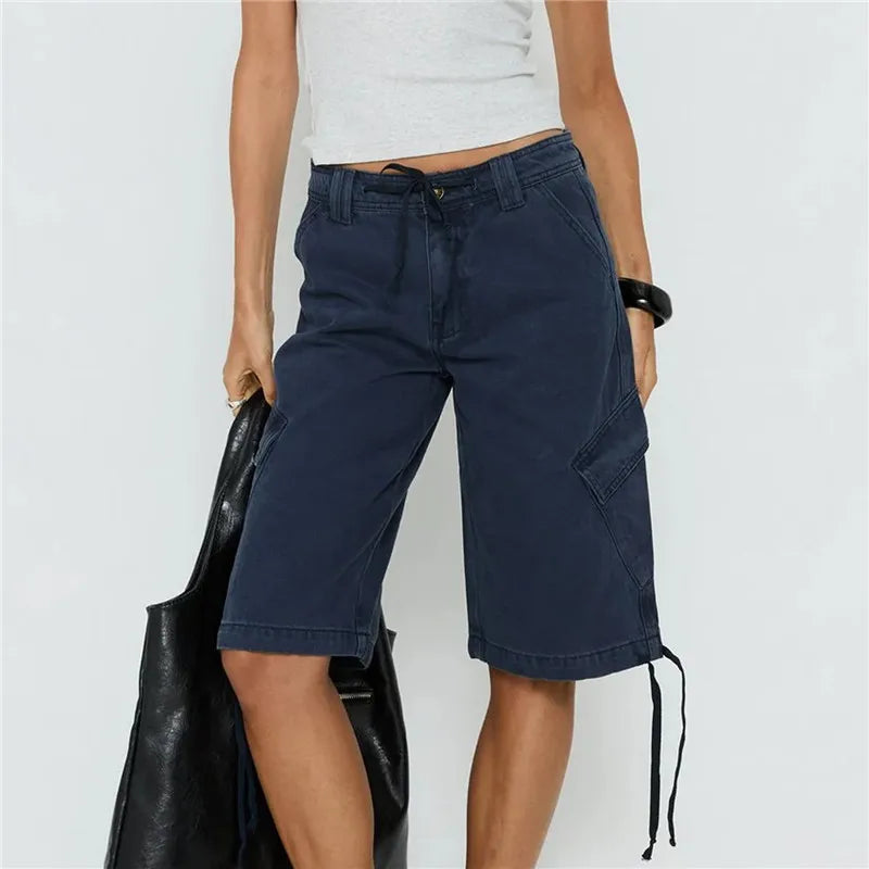 Women's Y2K Low Waist Cargo Bermuda Shorts Drawstring Tie Hem Knee Length Pants with Pockets Casual Loose Fit Streetwear