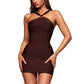 Women Bandage Bodycon Mini Dress Halter Neck Cross Keyhole Sleeveless Zipper Back Slim Fit Party Clubwear Evening Dress