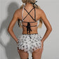Carnival Polka Dot Mesh 2 Piece Set Women Ruffle Spaghetti Strap Cross Back Tiered Mini Shorts Party Costume