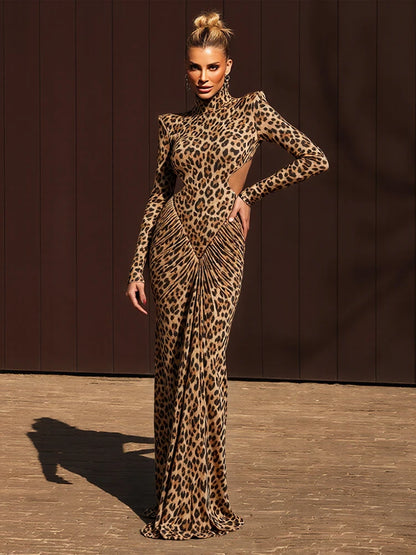 Leopard Print Maxi Dress Women Backless Full Sleeve Turtleneck Peach Butt Folds Skinny Fashion Elegant Banquet Vestidos