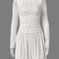 Women Polka Dot Mini Dress Long Flare Sleeve Round Neck Mesh Ruched Waist Pleated A‑Line Short Party Casual Dresses