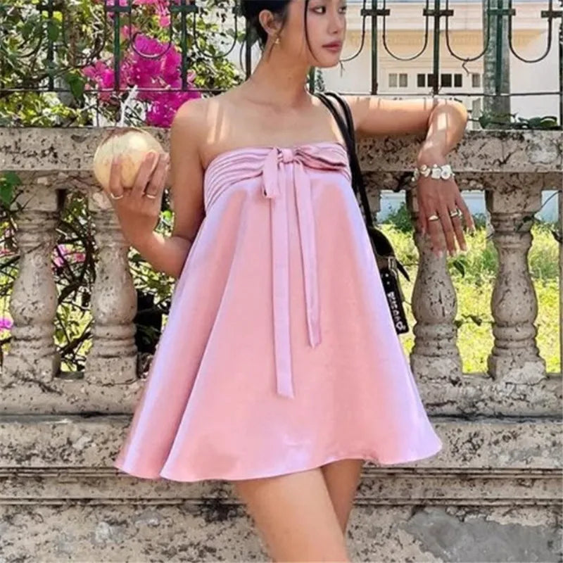 Satin Strapless Bow Mini Dress Women Elegant Ruched Tube Top A Line Dress for Summer Vacation Party Wedding Guest
