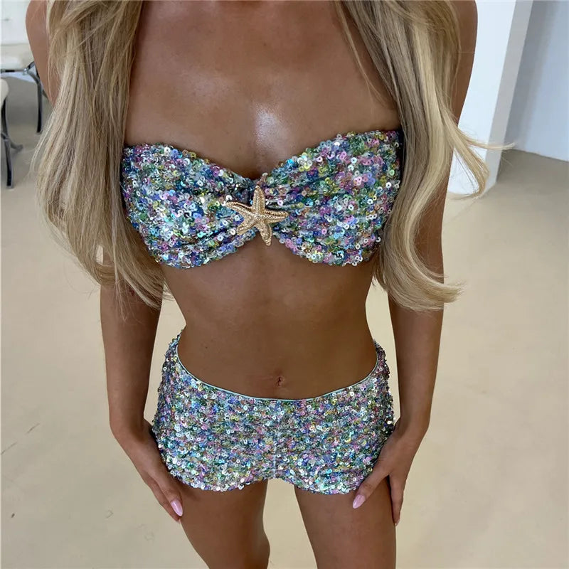 Sexy Women's Summer Sequin Outfit Stylish Sparkly Bra Tops and Low Rise Mini Skirts/Shorts 2 Pcs Set Party Rave Outfit