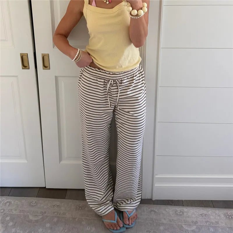 Women Ruffle Drawstring Elastic Waist Striped Wide Leg Pants Soft Loose Lightweight Beach Casual Daily Wear Trousers