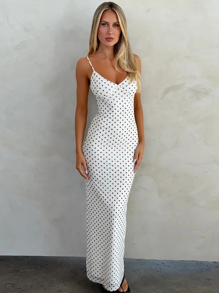 Polka Dot Spaghetti Strap Sexy Maxi Dress Women Gown Elegant White V Neck Sleeveless Backless Bodycon Club Long Dress