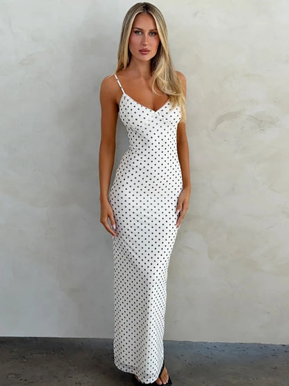 Polka Dot Spaghetti Strap Sexy Maxi Dress Women Gown Elegant White V Neck Sleeveless Backless Bodycon Club Long Dress