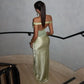 Satin Mesh See-through Green Party Dresses 2025 Woman Elegant Sexy Off Shoulder Maxi Dress