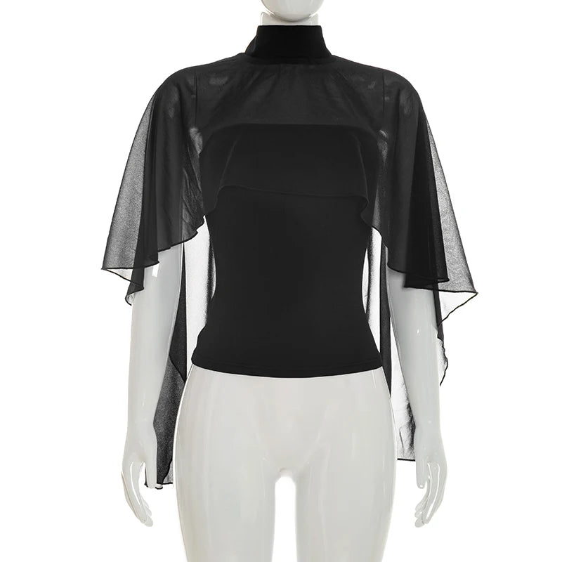 Women 2 In 1 Chiffon Cape Shirts Mock Neck Sheer Flowy Cloak Sleeve Crop Tops Slim Fit Inner Tube Layered Elegant Party