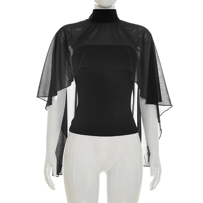 Women 2 In 1 Chiffon Cape Shirts Mock Neck Sheer Flowy Cloak Sleeve Crop Tops Slim Fit Inner Tube Layered Elegant Party