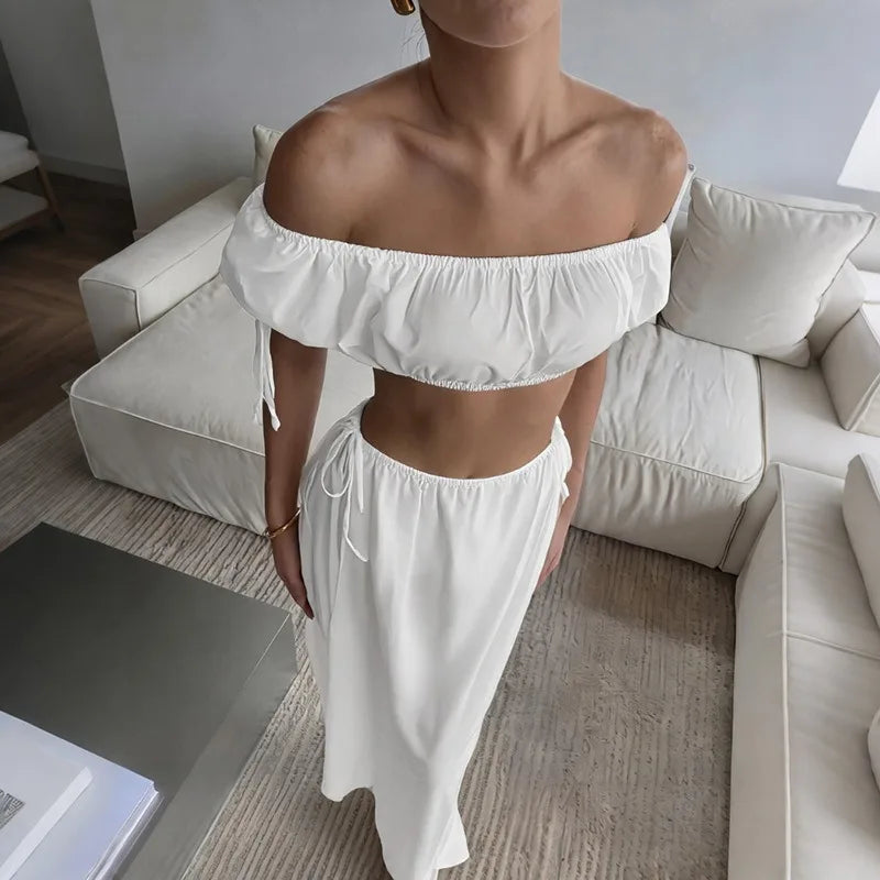Womens Matching Sets White Off The Shoulder Puff Sleeve Crop Top and Matching Side-tie Skirt Co-ord Set