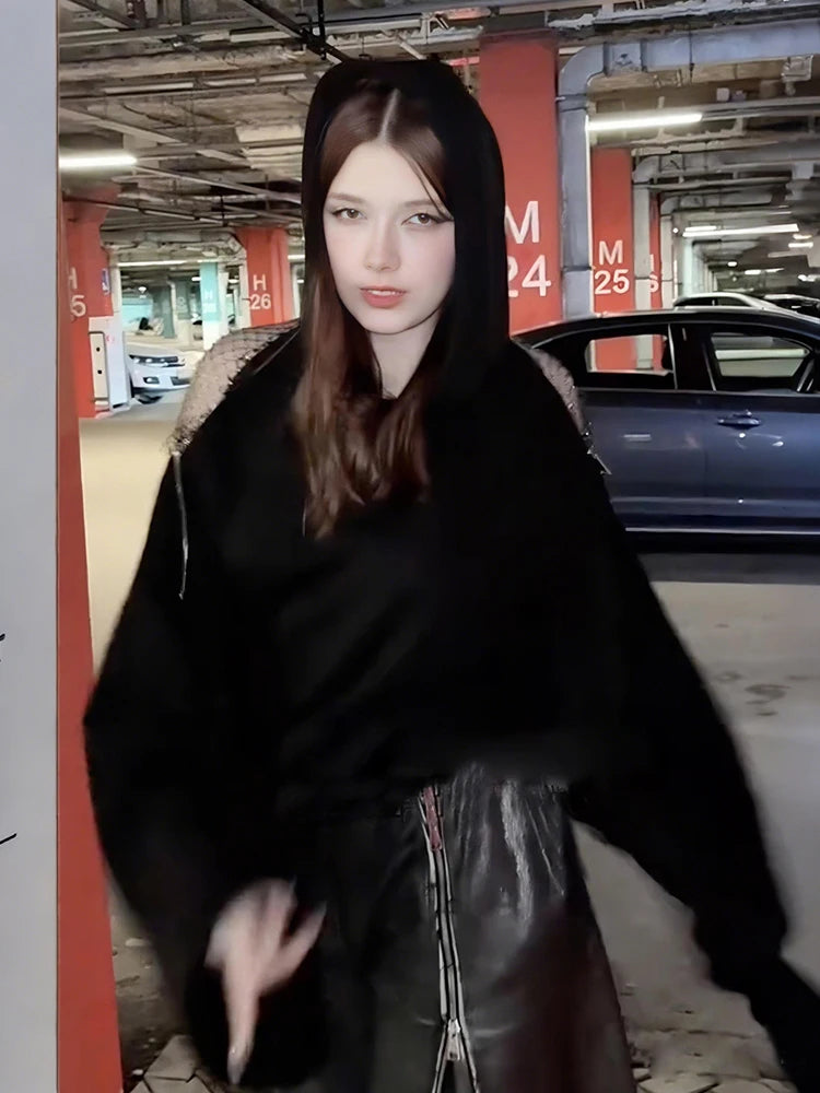 Backless Hooded Pullover Woman Zip Mesh Patchwork Design Full Sleeve High Street Casual Fashion Simple Style Classic Tops