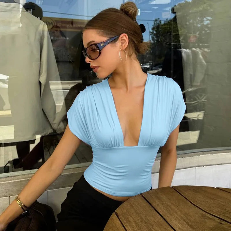 Light Blue Tie Up Deep V Neck Backless Crop Top Summer 2025 Woman Clothing Y2k Streetwear Sexy Tank Tops