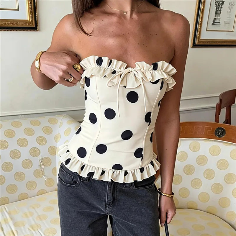 Summer Coquette Polka Dot Bustier Women Ruffle Strapless Lace Up Back Corset Crop Top Slim Bodycon Tube Top Beach Outfit