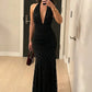 Mesh Polka Dot Sexy Maxi Dress Women Black Halter Deep V Neck Sleeveless Backless Ruched Bodycon Club Party Long Dress