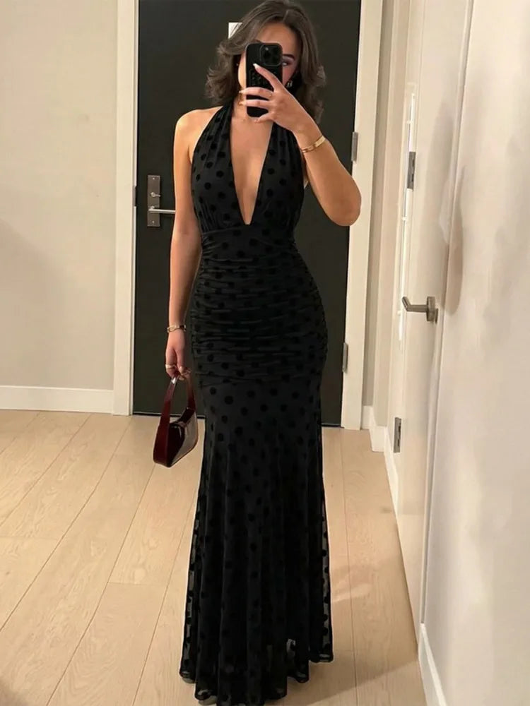 Mesh Polka Dot Sexy Maxi Dress Women Black Halter Deep V Neck Sleeveless Backless Ruched Bodycon Club Party Long Dress