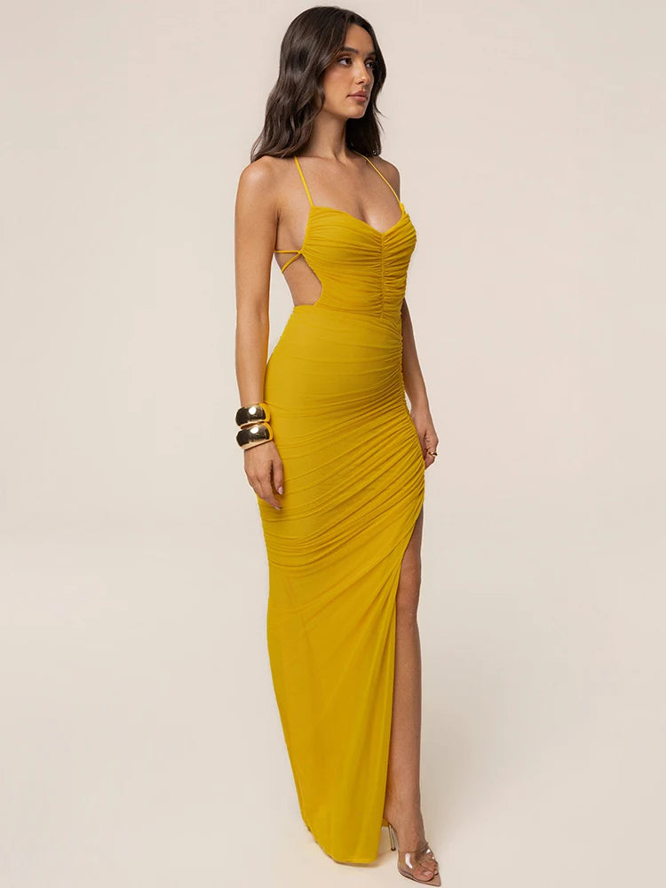 Women Mesh Sexy Maxi Dress Spaghetti Strap V Neck Ruched Bodycon Dress High Slit Elegant Evening Party Club Long Dress