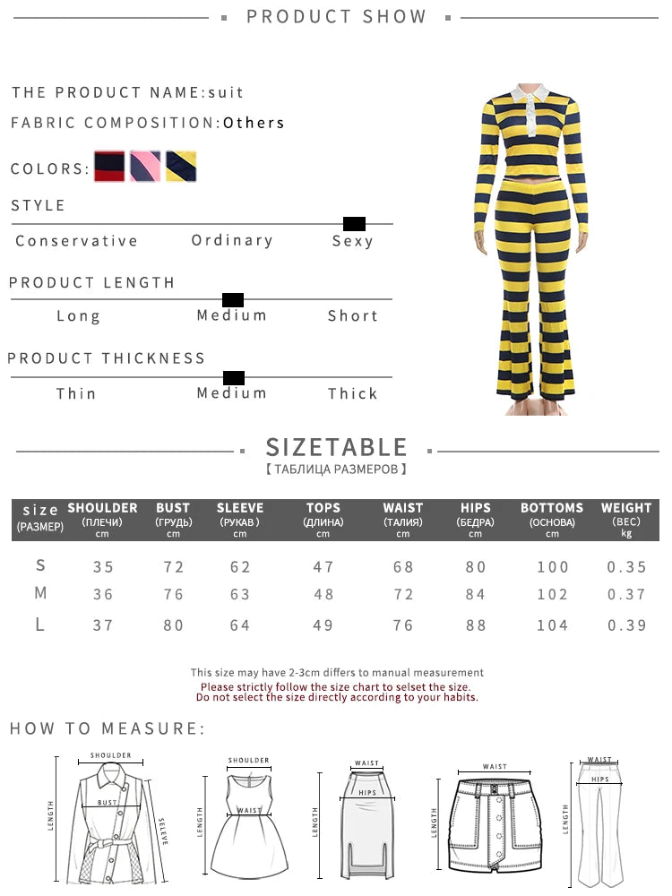 Striped 2-Piece Set Women Lapel Single-Breasted Full Sleeve Crop Top+Elastic Waist Slightly Flared Pant Sporty Suit