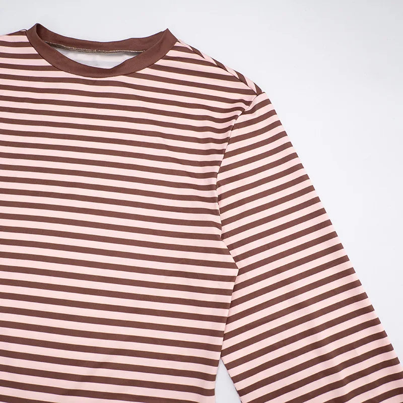 Brown and Pink Striped Crew Neck Long Sleeve Mini Dress Woman Clothes Fall Casual Loose Dresses