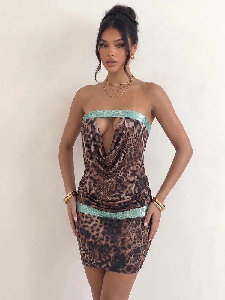 Sequins Patchwork Mini Dress Woman Leopard Print Wrap Chest Backless Skinny Peach Hip Street Wild Fashion Bodycon
