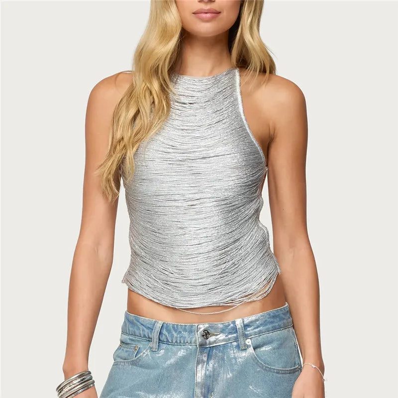 Women's Summer Cold Shoulder Vest Sleeveless Solid Color Tassel Cross Back Tank Tops Sexy Ladies Party Clubwear