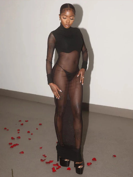 Hot Girl See Through Long Dress+Briefs Woman Turtleneck Full Sleeve High Waist Midnight Club Party Sexy Fashion Vestidos