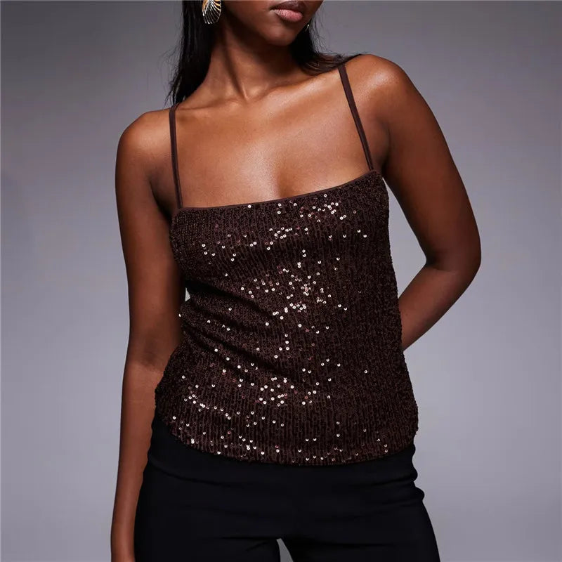 Sequin Camisole Women Skinny Tank Top Summer New Trend Music Festival Sexy Sweet Beach Party Y2K Streetwear