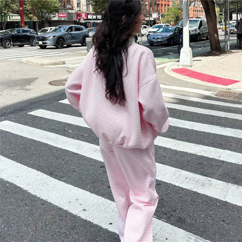 Striped Sweatshirt Sets for Women 2 Piece Pants Outfits Y2k Long Sleeve High Neck Pullover and Pants Spring Tracksuit