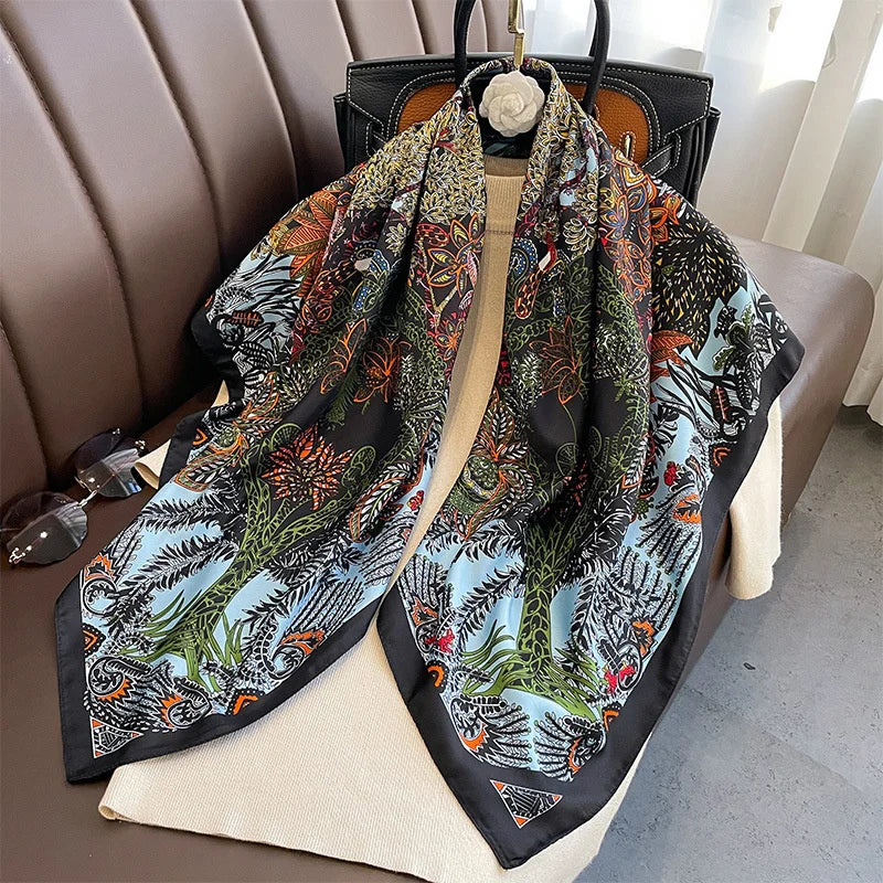 90*90cm Luxury Brand Silk Square Scarf Hijab Women Bandana Soft Scarves Neckerchief Ladies Hair Shawl Wrap Headband