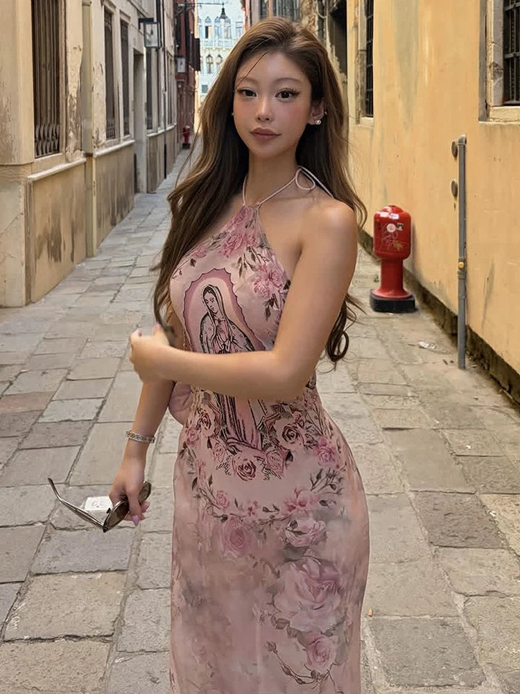 Art Print Maxi Dress Women Halter Bandage Backless Sleeveless Skinny Sexy Fashion Summer Party Chic Vacation Vestidos