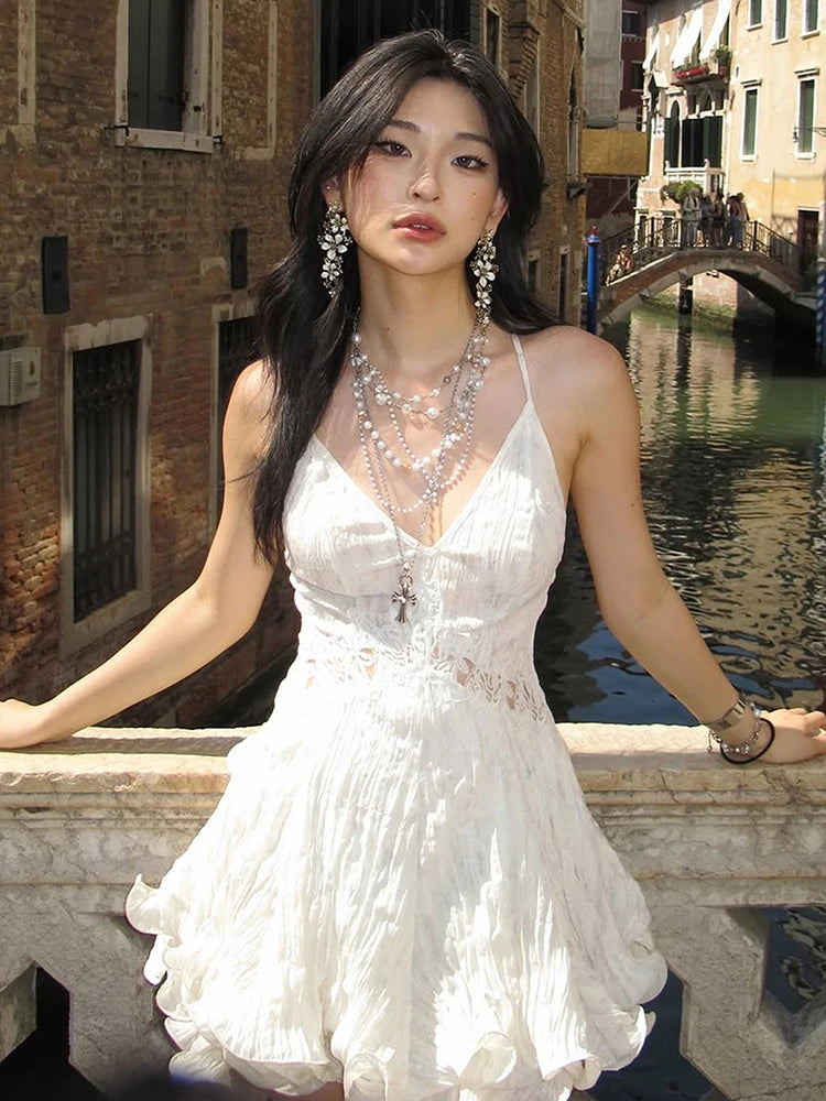 Lace Patchwork Sling Dress Woman Low-Neck Cross Bandage Backless Puffy Hem Sweet Girls Birthday Party Elegant Bodycon