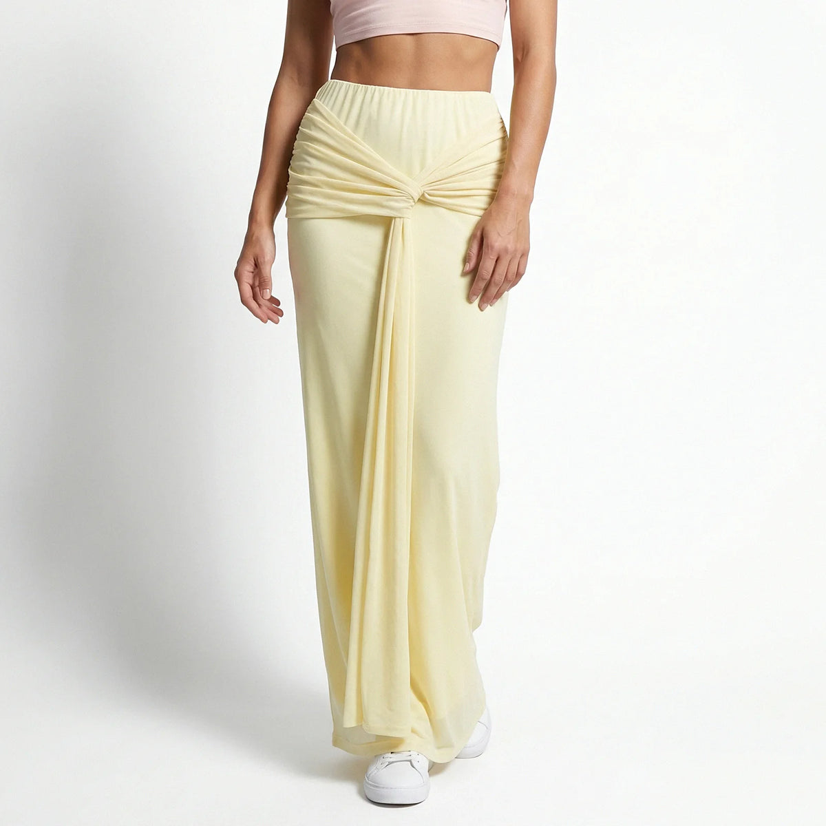 Women Yellow Knotted Waist Maxi Skirt Bodycon Draped Tie Front High Waist Long Skirt Summer Streetwear Vacation Outfit