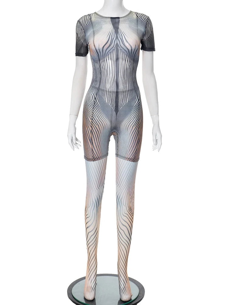 Wavy Stripe 2 Piece Set Women o-Neck Short Sleeve Peach Hip Playsuits+Skinny Pants Midnight Fashion Sexy Wild Outfits