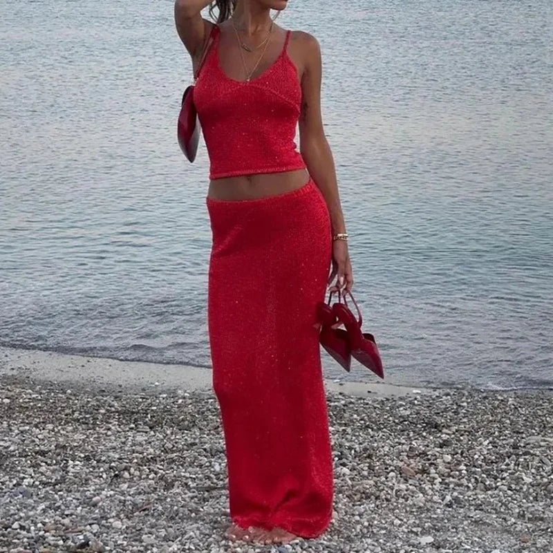 Women Sparkly Two Piece Skirt Outfits Sleeveless Spaghetti Strap Scoop Neck Cami Tops Bodycon Sexy Maxi Skirts