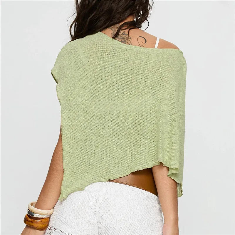 Women Knit Poncho Tops Summer Fashion Solid Color Off One Shoulder Loose Fit Asymmetric Cover Up Shawl Blouse