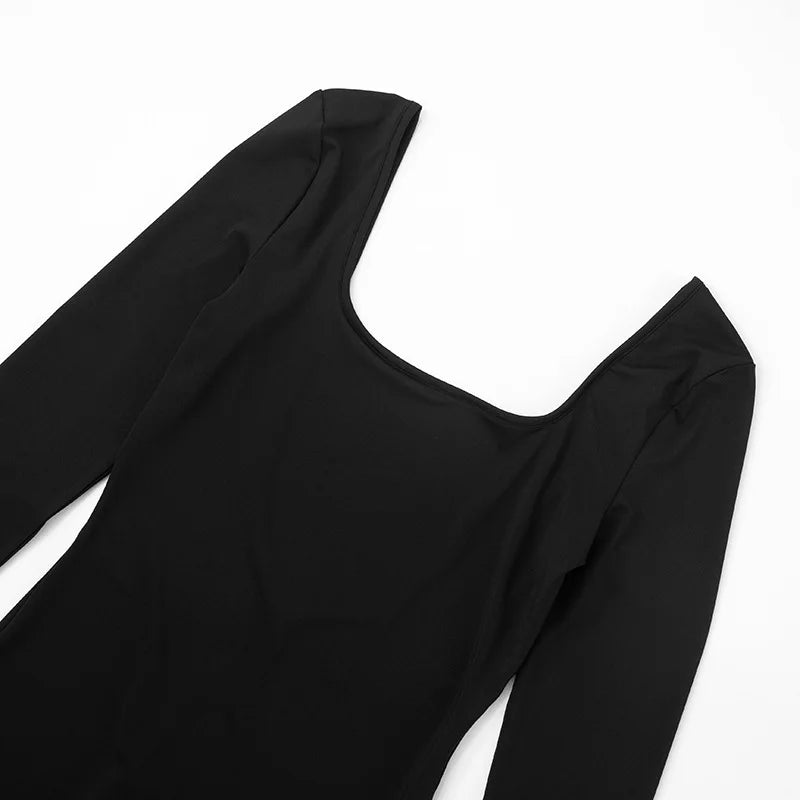 Square Neck Long Sleeve Backless Romper Playsuit Woman Catsuits Sexy Hot One Pieces Short Jumpsuit Black