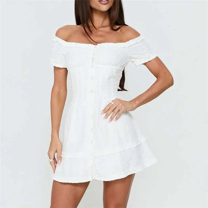 Y2K Aesthetic Off Shoulder Frill Mini Dress Women Textured Fabric Front Buttons Back Bow Slim Party Vacation Sundress