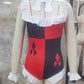 Women Clown Cosplay Bodysuit Sleeveless Ruffle Diamond Print Hollow Neck Jumpsuit Carnival Fancy Party Costume