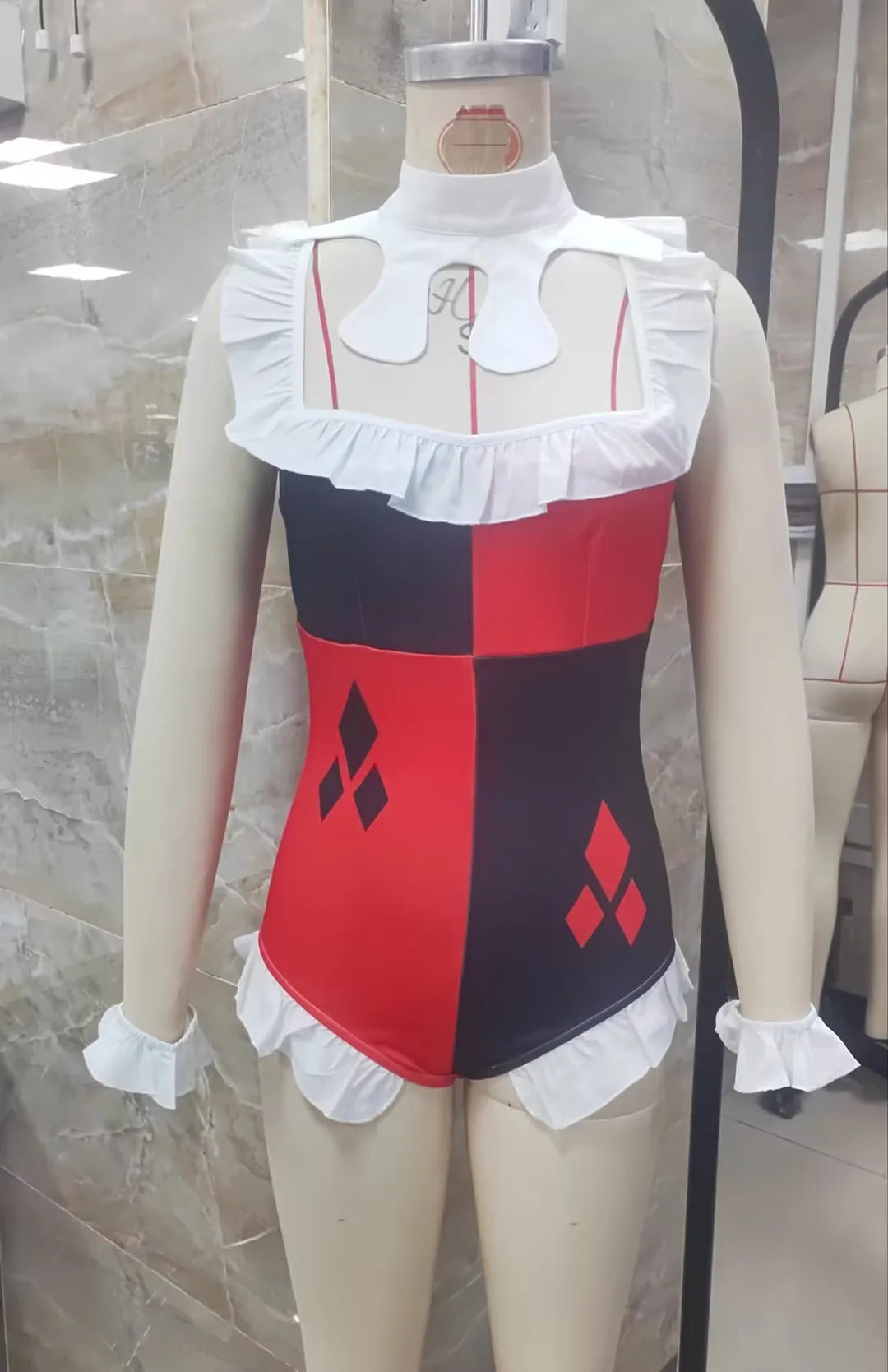 Women Clown Cosplay Bodysuit Sleeveless Ruffle Diamond Print Hollow Neck Jumpsuit Carnival Fancy Party Costume