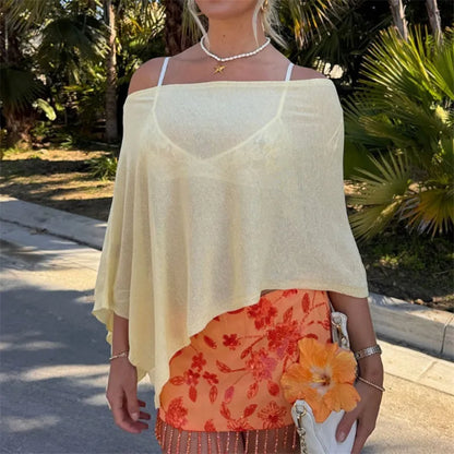 Women Knit Semi Sheer Mesh Off Shoulder Poncho Top Loose Asymmetrical Hem Cover Up Casual Summer Beach Blouse