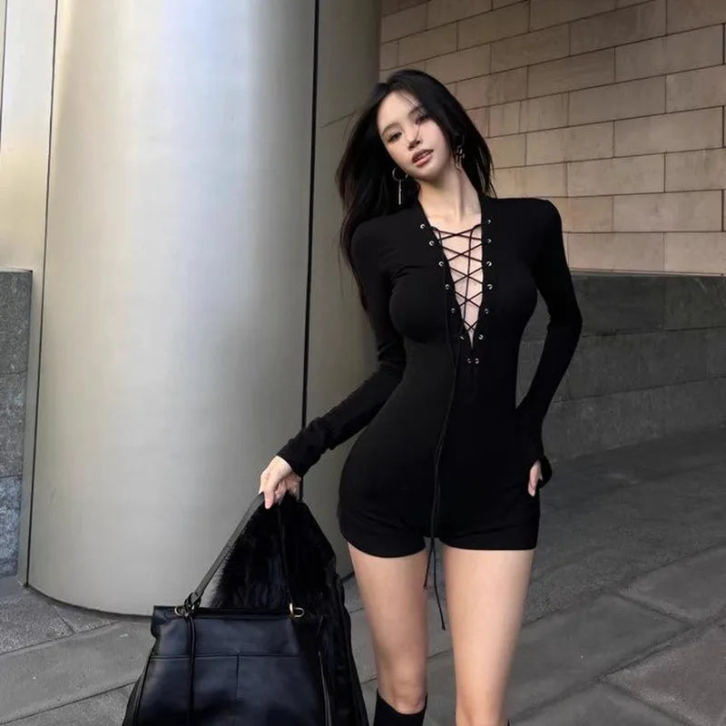 Deep V Neck Lace Up Long Sleeve Short Jumpsuit Gray Black Sexy Romper Fall Clothes for Woman One Piece Outfit