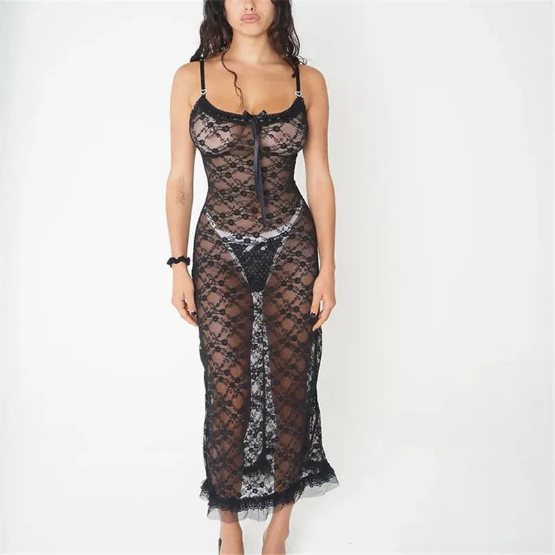 Sexy Women Sheer Lace Cami Dress Slim Flower See Through Scoop Neck Spaghetti Strap Long Dress for Party Club