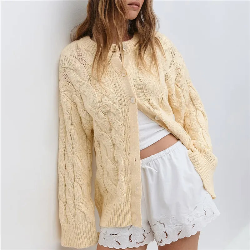 Elegant Twisted Knit Women Cardigan Solid O Neck Full Sleeve Single Breasted Lady Coat Winter Autumn Female Sweater