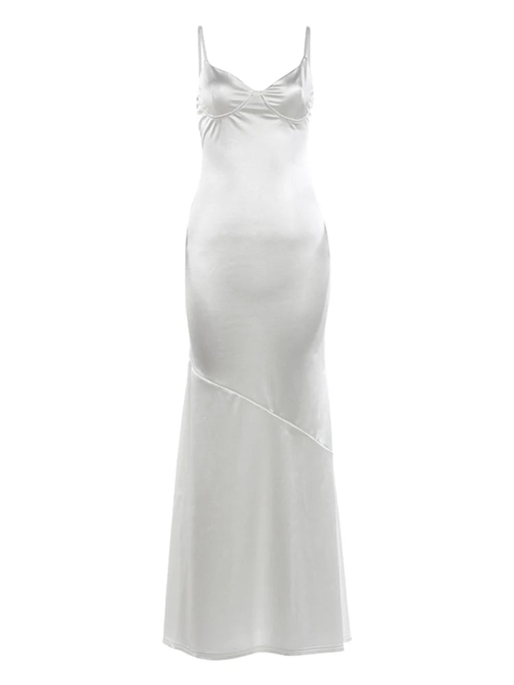 Low-Neck Satin Maxi Dress Women Sleeveless Slim Chic Wedding Party Elegant Vacation Summer Fashion Classic Vestidos