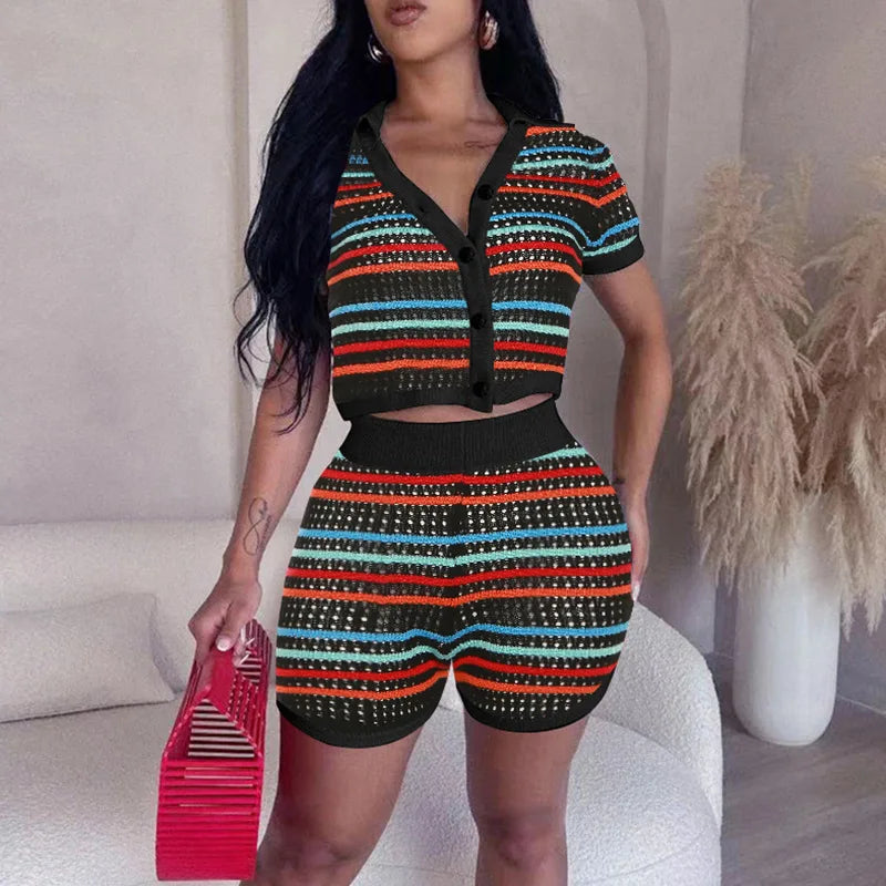 Striped Women Tracksuit 2 Piece Set Knit Shorts Sleeve Cardigan Crop Tops+Shorts Matching Streetwear Stretch Outfits