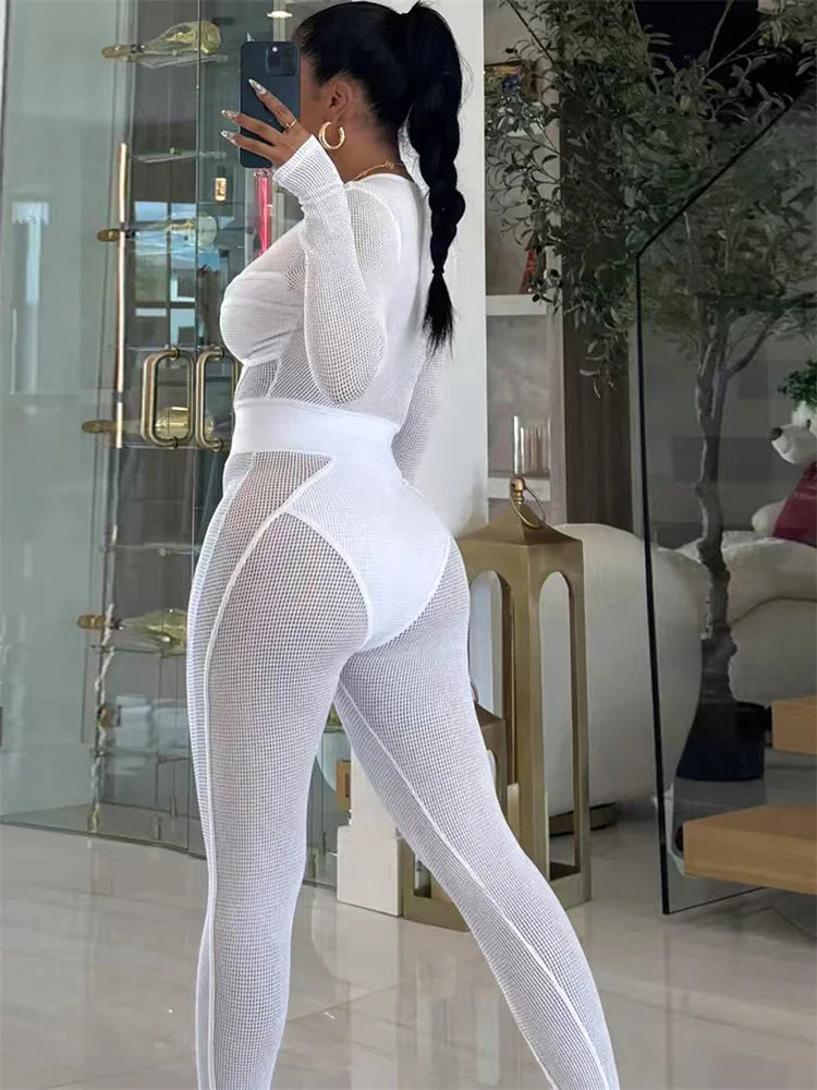 Patchwork Mesh 2-Piece Set Women See Through Zip o-Neck Long Sleeve Crop Tops+Pants Sexy Stretch Matching Autumn Suits