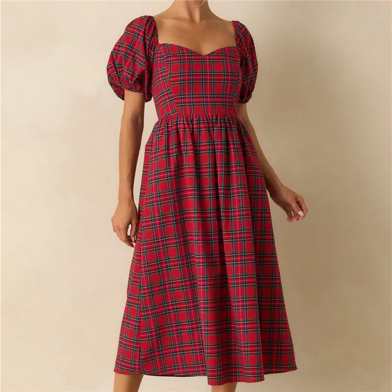 Xmas Vintage Red Navy Plaid Dress Ladies Bubble Short Sleeve Back Shirred Flared Midi Dress Winter Holiday Party Dress