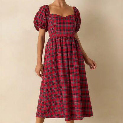 Xmas Vintage Red Navy Plaid Dress Ladies Bubble Short Sleeve Back Shirred Flared Midi Dress Winter Holiday Party Dress